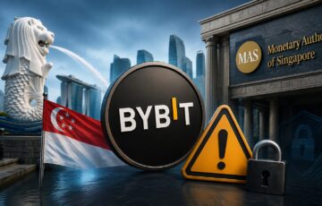 シンガポールの街並みとMASを想起させる建物の前に、Bybitのコイン、警告マーク、南京錠が配置された規制警戒を表すイメージ