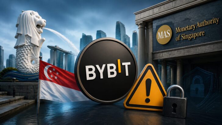 シンガポールの街並みとMASを想起させる建物の前に、Bybitのコイン、警告マーク、南京錠が配置された規制警戒を表すイメージ