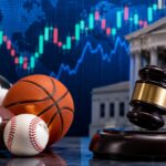 裁判所を背景に、スポーツボールと木槌、金融チャートが並ぶ予測市場規制のイメージ