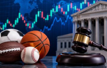 裁判所を背景に、スポーツボールと木槌、金融チャートが並ぶ予測市場規制のイメージ