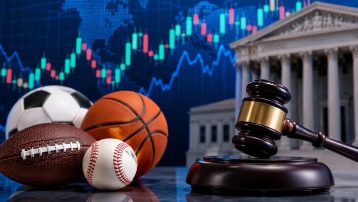裁判所を背景に、スポーツボールと木槌、金融チャートが並ぶ予測市場規制のイメージ