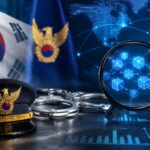韓国国旗と警察帽、暗号資産やブロックチェーン分析を示す虫眼鏡が配置された仮想通貨犯罪捜査のイメージ