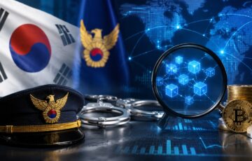 韓国国旗と警察帽、暗号資産やブロックチェーン分析を示す虫眼鏡が配置された仮想通貨犯罪捜査のイメージ
