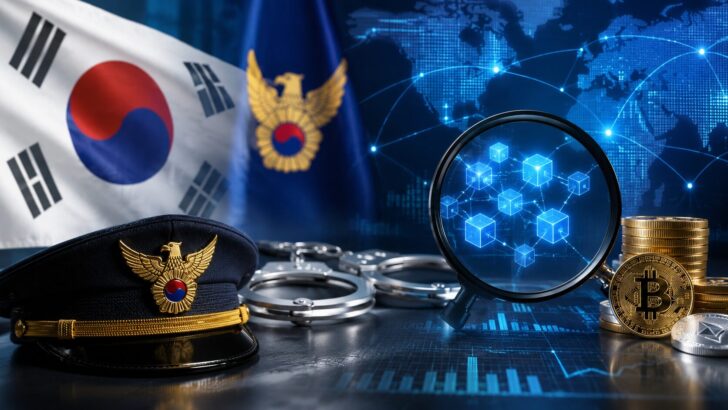 韓国国旗と警察帽、暗号資産やブロックチェーン分析を示す虫眼鏡が配置された仮想通貨犯罪捜査のイメージ