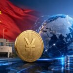 中国国旗と人民元を象徴するコイン、世界をつなぐデジタルネットワークが描かれた越境決済のイメージ
