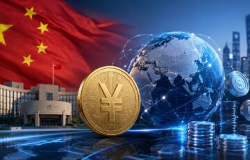 中国国旗と人民元を象徴するコイン、世界をつなぐデジタルネットワークが描かれた越境決済のイメージ