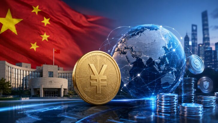 中国国旗と人民元を象徴するコイン、世界をつなぐデジタルネットワークが描かれた越境決済のイメージ