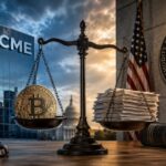 CMEとCFTCの対立を象徴する建物、天秤、ビットコイン、規制書類が描かれたアイキャッチ画像