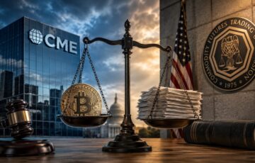 CMEとCFTCの対立を象徴する建物、天秤、ビットコイン、規制書類が描かれたアイキャッチ画像