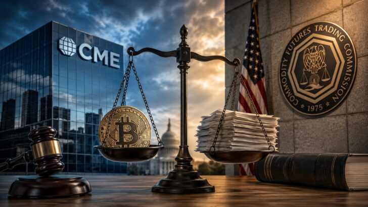 CMEとCFTCの対立を象徴する建物、天秤、ビットコイン、規制書類が描かれたアイキャッチ画像