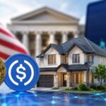 ビットコインとUSDCを担保として住宅ローンの頭金に活用するサービスをイメージした住宅と仮想通貨のビジュアル