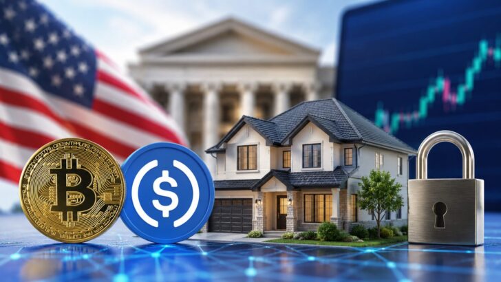 ビットコインとUSDCを担保として住宅ローンの頭金に活用するサービスをイメージした住宅と仮想通貨のビジュアル