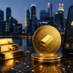 金の延べ棒、デジタルゴールドトークン、スマートフォンを組み合わせ、DBS銀行の個人向けトークン化現物金サービスを表現したイメージ画像