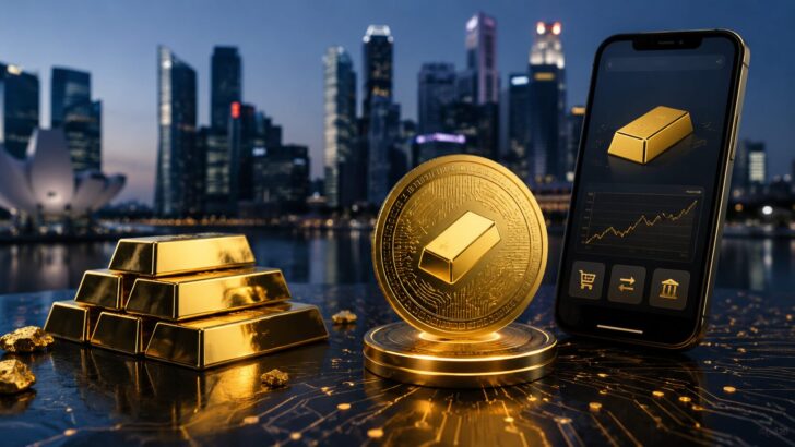 金の延べ棒、デジタルゴールドトークン、スマートフォンを組み合わせ、DBS銀行の個人向けトークン化現物金サービスを表現したイメージ画像