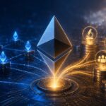 イーサリアムのロゴとネットワーク、開発資金を象徴するコインや研究・コードのアイコンが描かれたイメージ
