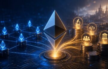 イーサリアムのロゴとネットワーク、開発資金を象徴するコインや研究・コードのアイコンが描かれたイメージ