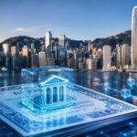 香港の都市景観を背景に、デジタル化された債券とブロックチェーンネットワークを表現した画像