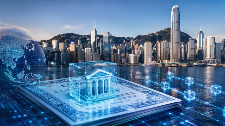 香港の都市景観を背景に、デジタル化された債券とブロックチェーンネットワークを表現した画像