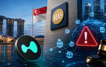 シンガポール金融管理局（MAS）による投資家向け警戒リストへの追加をイメージした、シンガポールの街並みとHyperliquidを表現したイラスト
