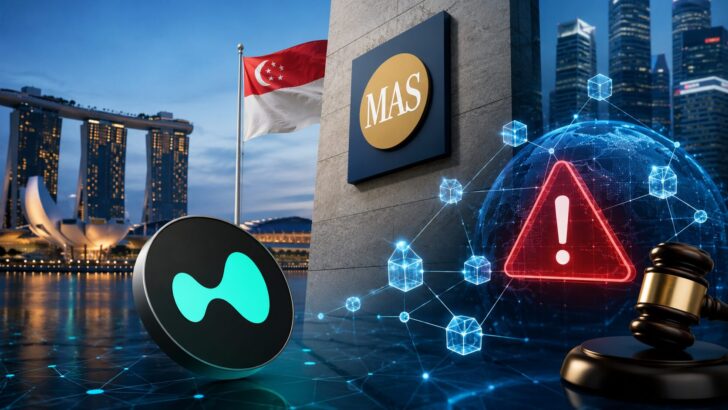 シンガポール金融管理局（MAS）による投資家向け警戒リストへの追加をイメージした、シンガポールの街並みとHyperliquidを表現したイラスト