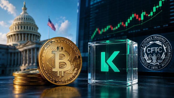 Kalshiによる規制対象ビットコイン無期限先物取引の開始を表現した仮想通貨イメージ