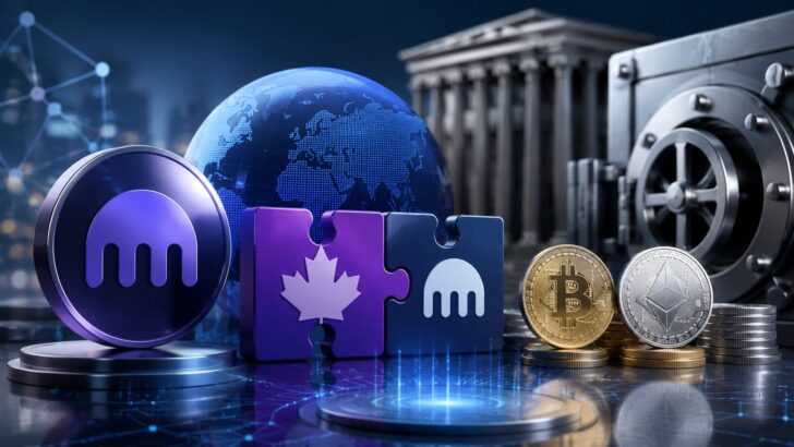 KrakenとMapleの提携によるオンチェーン型仮想通貨融資モデルを表す、金庫、仮想通貨、金融機関、デジタルネットワークのイメージ