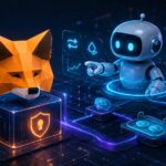 AIエージェントとMetaMaskウォレットをモチーフに、仮想通貨取引の自動化とDeFi活用を表現したイラスト