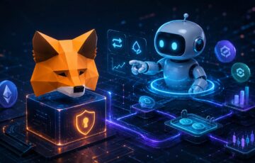 AIエージェントとMetaMaskウォレットをモチーフに、仮想通貨取引の自動化とDeFi活用を表現したイラスト