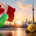 カナダ市場への進出を象徴する都市景観とRobinhood風の羽、ビットコインのイメージ