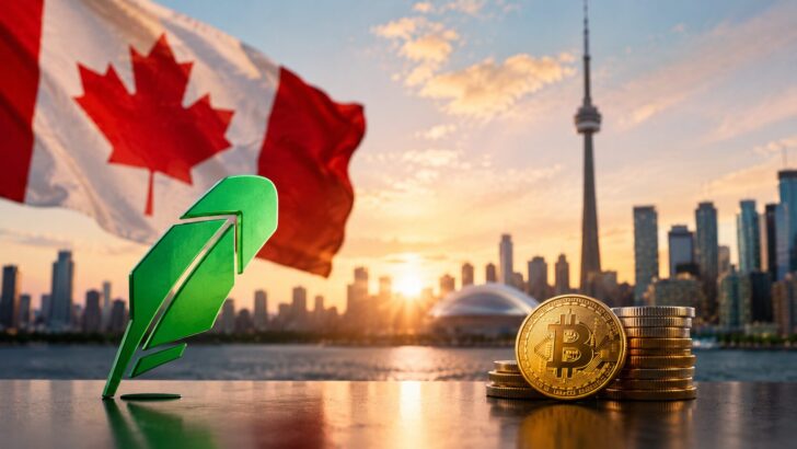 カナダ市場への進出を象徴する都市景観とRobinhood風の羽、ビットコインのイメージ