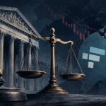 FTX詐欺事件を巡る控訴棄却を示す、裁判所と天秤、崩れたFTXロゴを描いたアイキャッチ画像