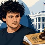 サム・バンクマン=フリード氏を想起させる人物と、刑務所、ホワイトハウス、恩赦書類、裁判の木槌を描いたイラスト