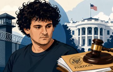サム・バンクマン=フリード氏を想起させる人物と、刑務所、ホワイトハウス、恩赦書類、裁判の木槌を描いたイラスト