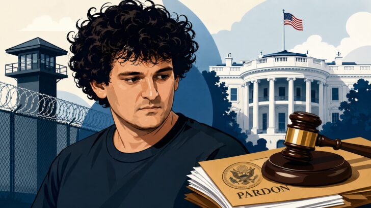 サム・バンクマン＝フリード氏を想起させる人物と、刑務所、ホワイトハウス、恩赦書類、裁判の木槌を描いたイラスト