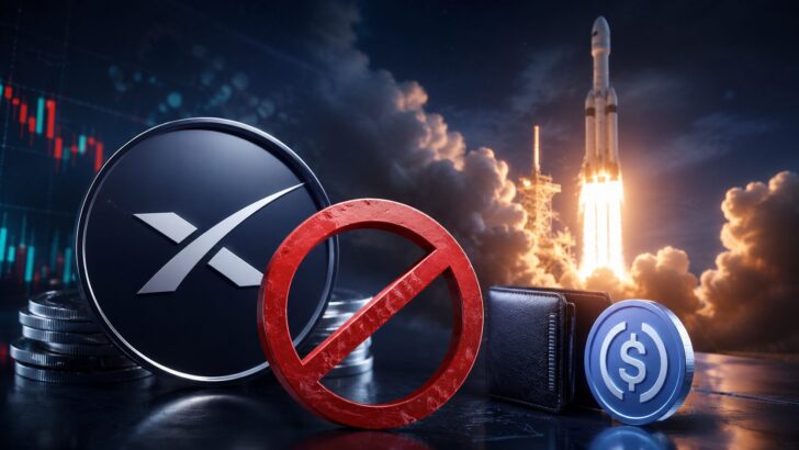 SpaceX関連のトークン化IPO商品中止を示す、ロケットとデジタル金融を組み合わせたアイキャッチ画像