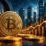 ビットコインと金貨、上昇チャート、金庫を組み合わせたビットコイン財務戦略のイメージ