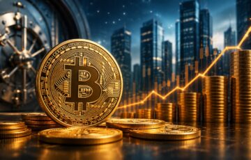 ビットコインと金貨、上昇チャート、金庫を組み合わせたビットコイン財務戦略のイメージ