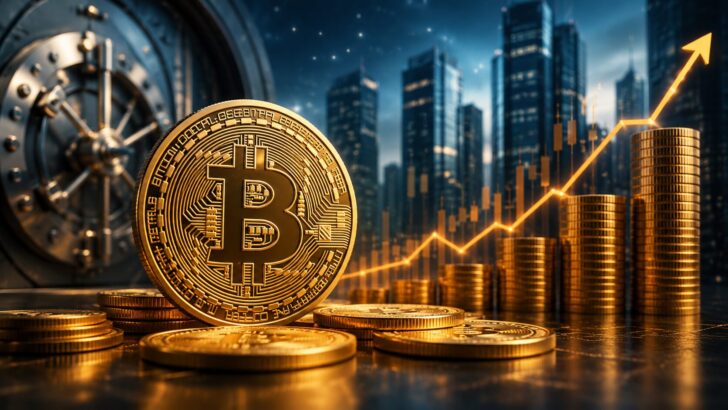 ビットコインと金貨、上昇チャート、金庫を組み合わせたビットコイン財務戦略のイメージ