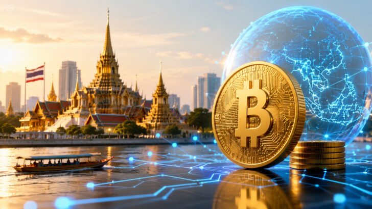 タイ中央銀行によるタイバーツ建てステーブルコインの規制整備をイメージしたアイキャッチ。タイの寺院とデジタル金融を象徴するコインが描かれている。