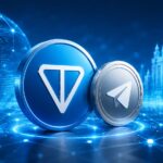 TONとTelegramを象徴するデジタルコインが、青いブロックチェーンネットワーク上に配置されたイメージ