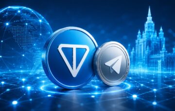 TONとTelegramを象徴するデジタルコインが、青いブロックチェーンネットワーク上に配置されたイメージ