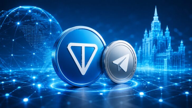 TONとTelegramを象徴するデジタルコインが、青いブロックチェーンネットワーク上に配置されたイメージ