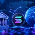 銀行、Solanaのロゴ、世界地図と送金ネットワークを組み合わせたデジタル金融インフラのイメージ