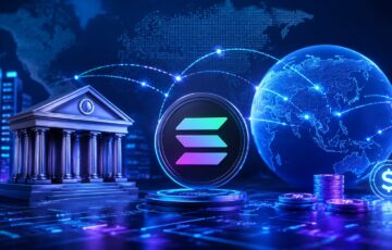 銀行、Solanaのロゴ、世界地図と送金ネットワークを組み合わせたデジタル金融インフラのイメージ