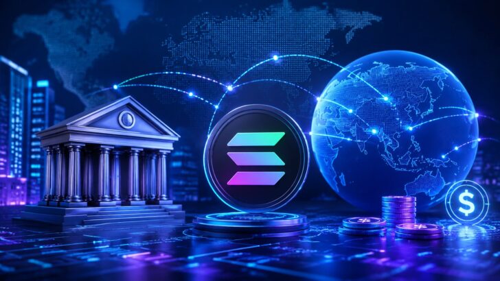 銀行、Solanaのロゴ、世界地図と送金ネットワークを組み合わせたデジタル金融インフラのイメージ