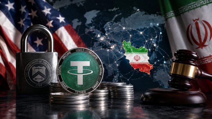 米国とイランの国旗、USDTコイン、鍵、ハンマー、イランの地図を配置し、仮想通貨資産の押収と制裁強化を表現したアイキャッチ画像