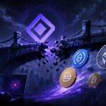 崩れたブロックチェーンブリッジと流出する仮想通貨を背景に、ハッキング被害を象徴する人物が描かれたイメージ