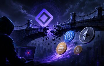 崩れたブロックチェーンブリッジと流出する仮想通貨を背景に、ハッキング被害を象徴する人物が描かれたイメージ