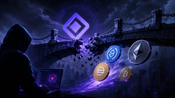 崩れたブロックチェーンブリッジと流出する仮想通貨を背景に、ハッキング被害を象徴する人物が描かれたイメージ