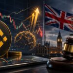 英国での仮想通貨デリバティブ訴訟を象徴する、バイナンス風のコイン、取引チャート、英国旗、法の女神像、木槌を組み合わせたイメージ